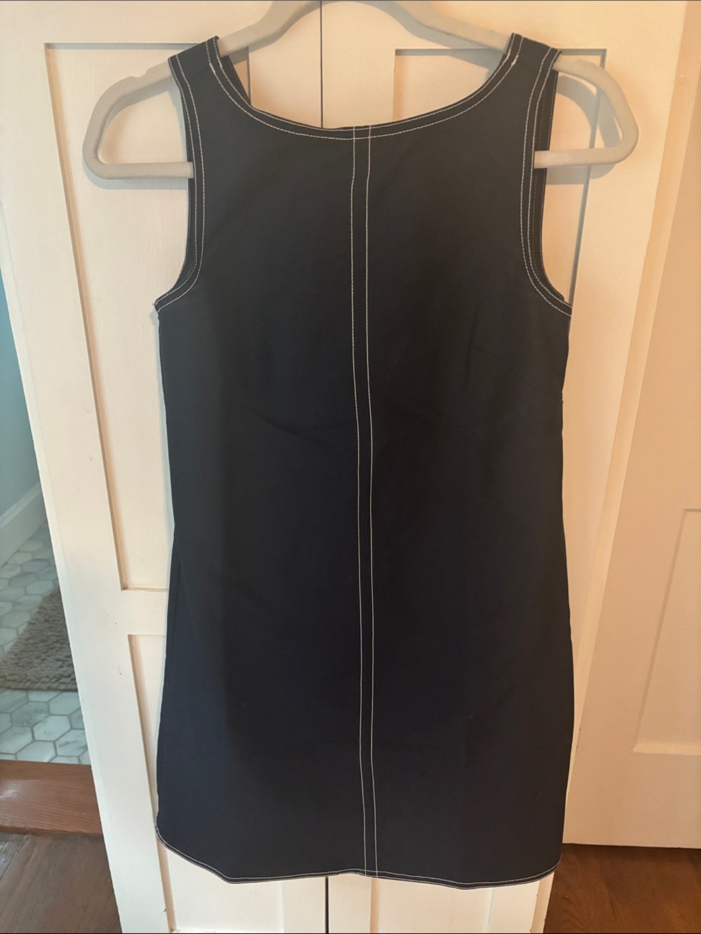 J. Crew Navy Sleeveless Shift Dress with White Contrast Stitching and red cord